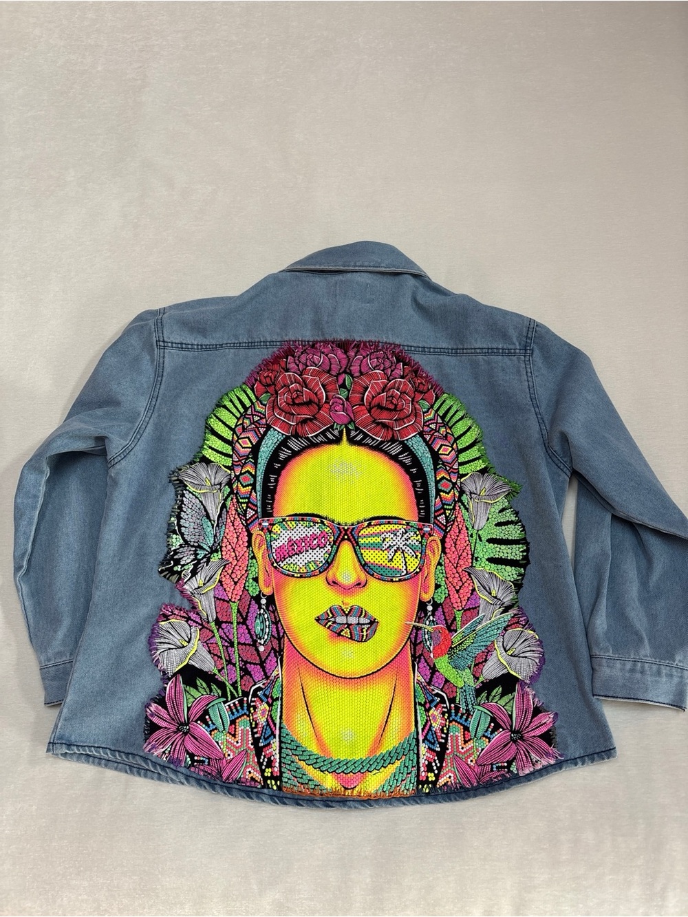 Upcycled Frida Kahlo Pop Art Denim Jacket - Hand Embroidered